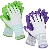 Aysatogc 2 Pairs Gardening Gloves, Outdoor Work Garden Gloves Breathable Rubber Coated Outdoor Protective Yard Glove with Grip for Women Men Garden Essentials (Green & Purple)