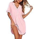 Ekouaer Nightgowns for Women Button Down Sleep Shirts Short Sleeve Night Shirts V Neck Sleepwear Boyfriend Pajama Dress