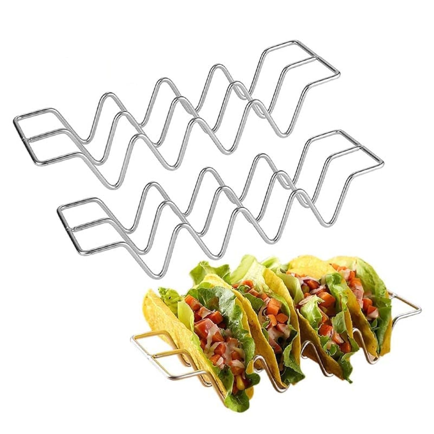 Taco Holder Stand, Set of 2 Stainless Steel Taco Rack Shell with Handles Taco Truck Tray Holds Up to 4 Tacos Dishwasher, Oven, Grill Save for Restaurant and Home Use