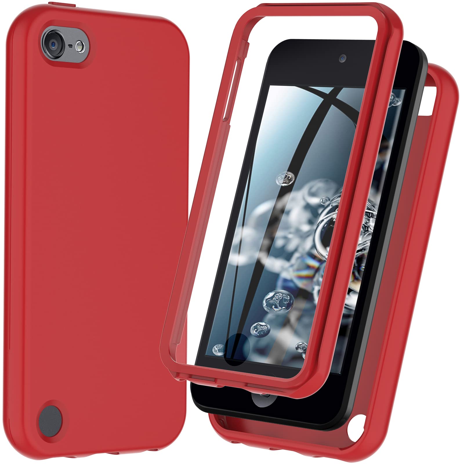 Hensinple for iPod Touch 7th/6th/5th Generation Case, iPod Touch case, Shockproof Silicone Case [with Built in Screen Protector] Full Body Heavy Duty Rugged Defender Cover (Red)
