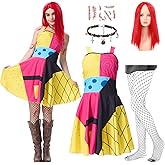 6PCS Sally Christmas Costume Women Adult, Cosplay Dress with Red Wig Fishnet Tights, Halloween Party Dress Up