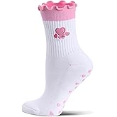 Toetally Cute Pilates Socks with Grips for Women Ruffle Cuff Embroidery Non Slip Yoga Socks for Workout, Barre, Pilates Gifts