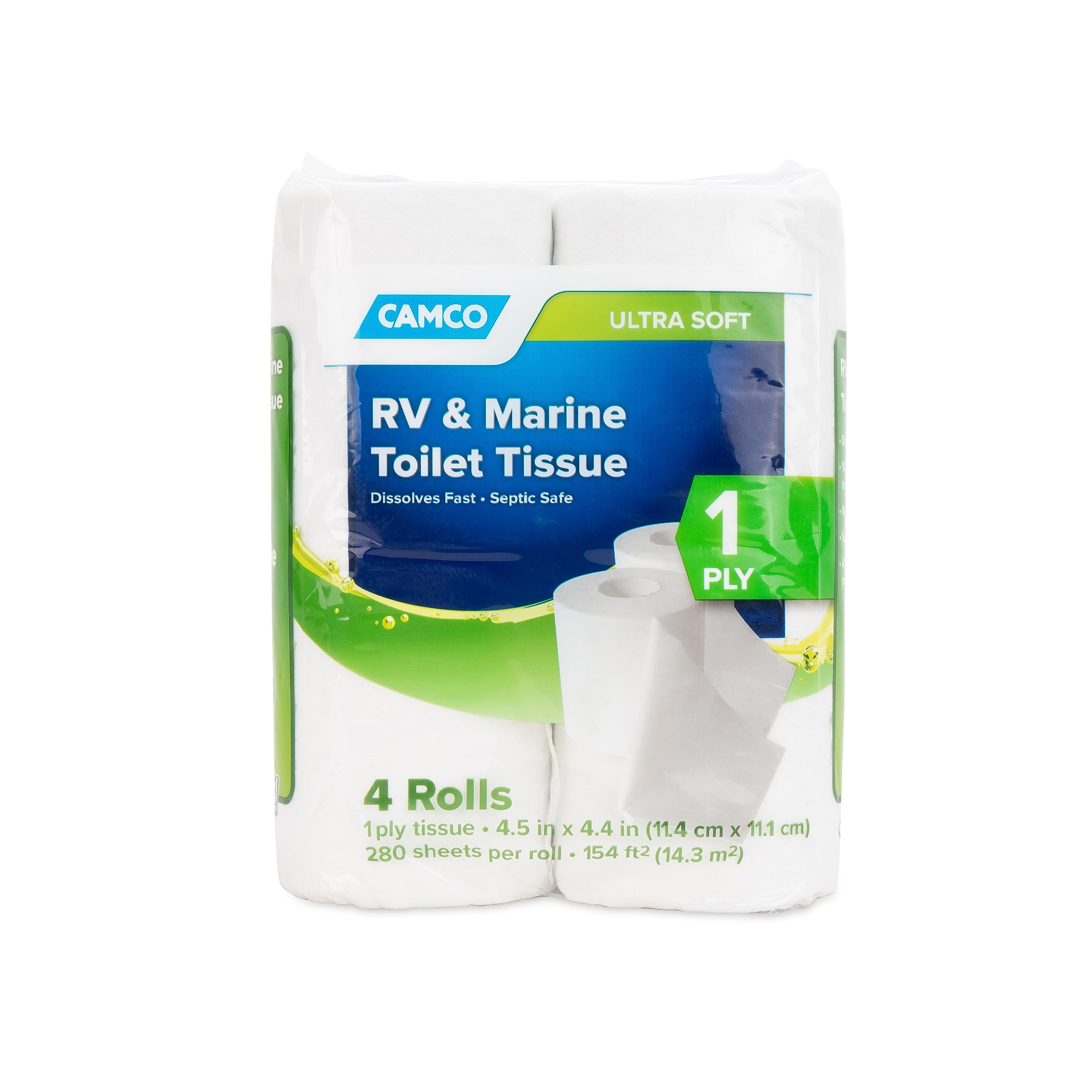 Photo 1 of Camco Marine & RV Toilet Paper - 4-Rolls - 1-Ply Quick Dissolve RV & Marine Septic Safe Bath Tissue - Dye & Fragrance Free - 280 Sheets Per Roll (40275)