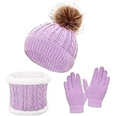 Heliltd 3pcs Kids Winter Hat Scarf Gloves Set Warm Knit Beanies with Pom Pom Soft Neck Warmer Mittens for Boys Girls Age 3–10