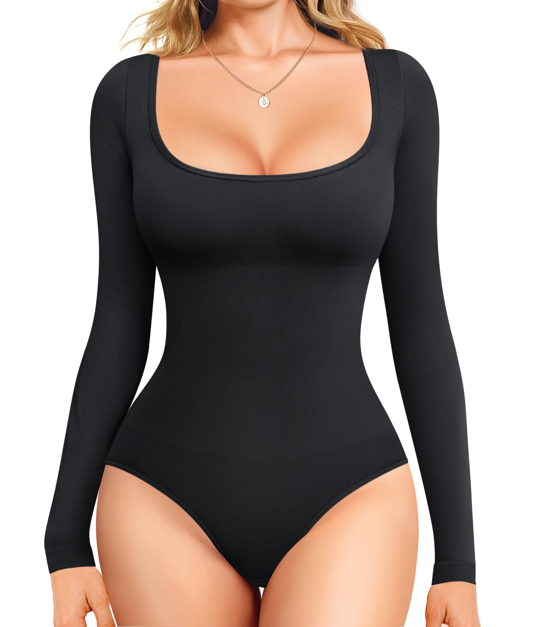 Photo 1 of Nebility Black Long Sleeve Bodysuit Tummy Control Shapewear Square Neck Body Suits for Womens Slim Fit?X-Large,Black?