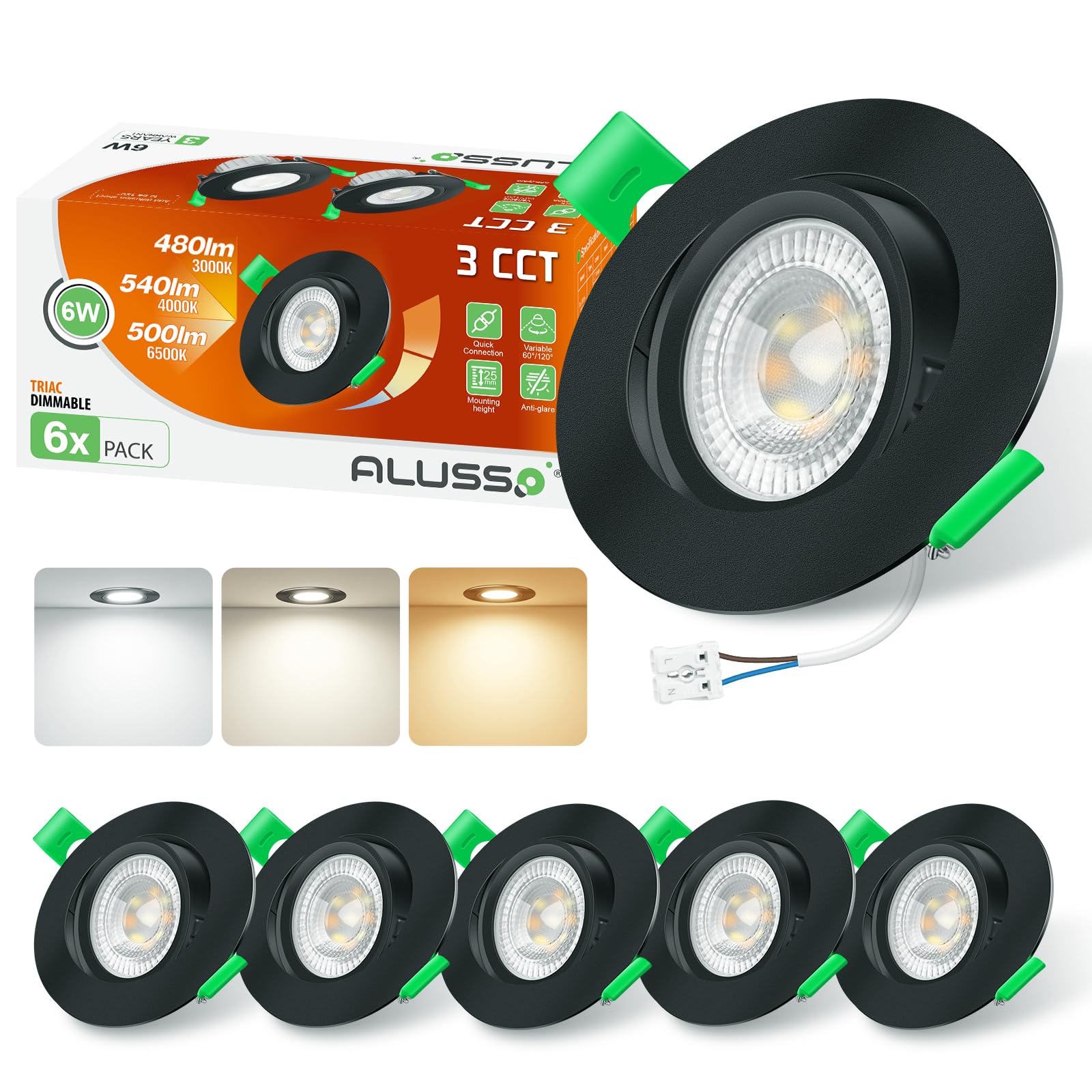 ALUSSO LIGHTING LED Downlights for Ceiling 6W 540lm, Ø75mm Black Swivel Spotlights, Dimmable 3CCT Warm White 3000K Neutral White 4000K Cool White 6500K, for Kitchen Living Bedroom, 6Pack