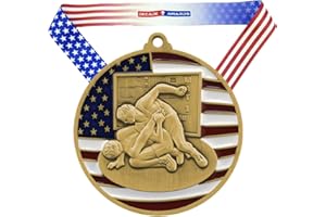 Wrestling Patriotic Medal, Gold - 2.75 Inch Wide First Place Medallion with Stars and Stripes American Flag V Neck Ribbon - Decade Awards