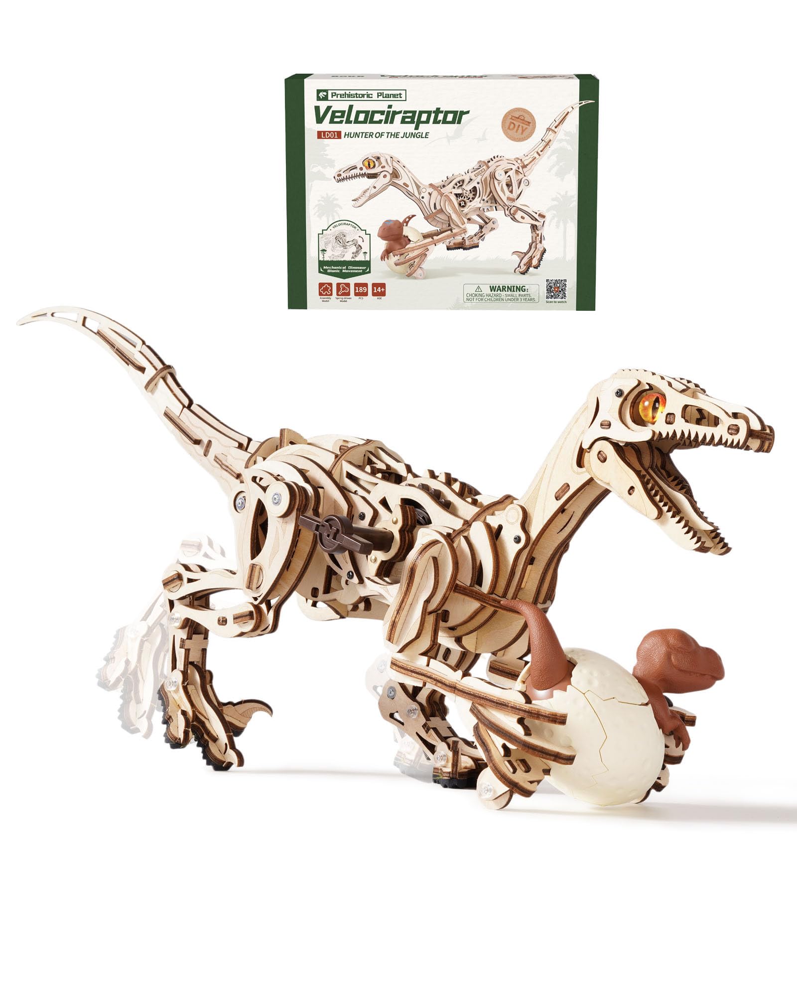 ROBOTIME 3D Wooden Puzzle Dinosaur Kit for Kids & Adults, DIY Velociraptor Walking Model, Mechanical Construction Set, STEM Craft Gift, LD01