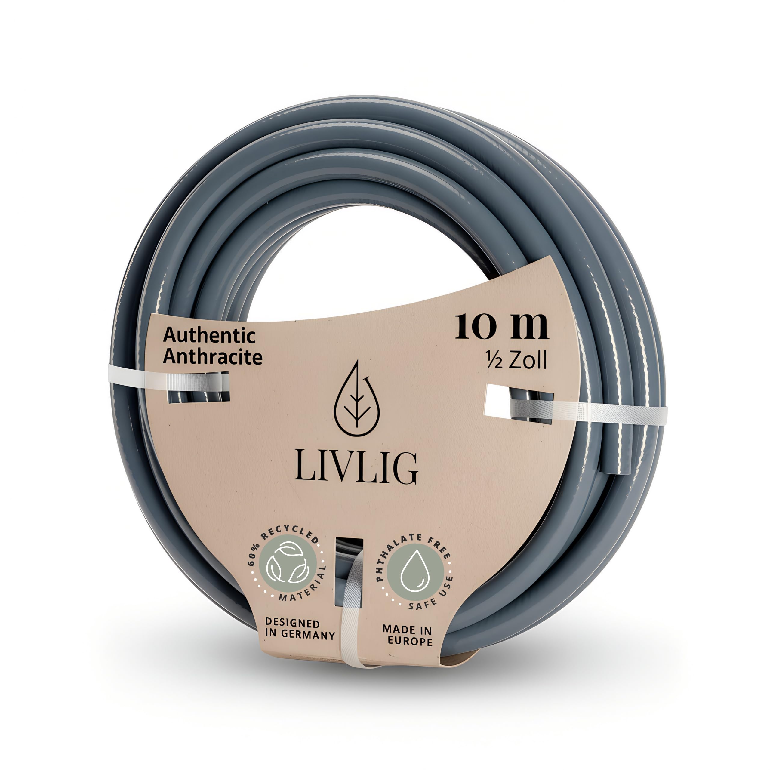 LIVLIG Garden Hose 10m, hosepipes for Garden 1/2 inch Made in Germany, 10m Hose Pipe Made of Recycled PVC, dimensionally Stable, Colour: Anthracite