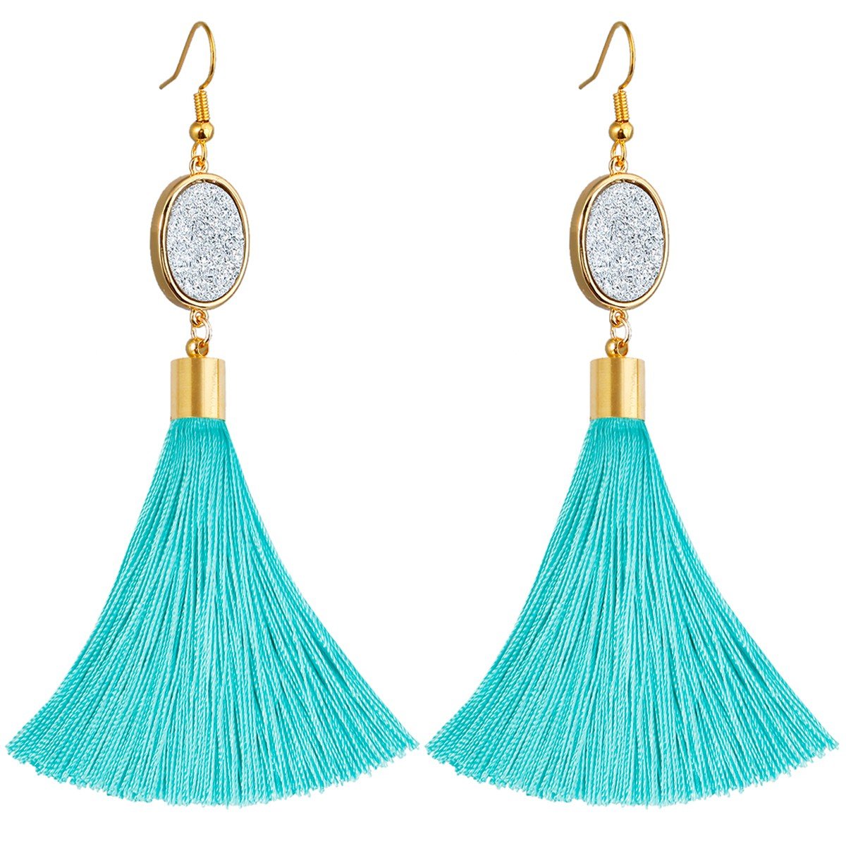mookaitedecor Lake Blue Tassel Drop Earrings for Women, Long Dangle Hook Fringe Earrings Fashion Jewellery with Plastic Bead/Titanium Coated Crystal