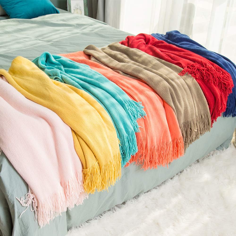 INSHERE Solid Gold Yellow Color Knitted Throw Blanket with Tassels Fringe Soft Cozy Comfy Warm Lightweight Fall Home Decor for Couch Chair Sofa Bedroom Living Room 51''x67'': Kitchen & Dining