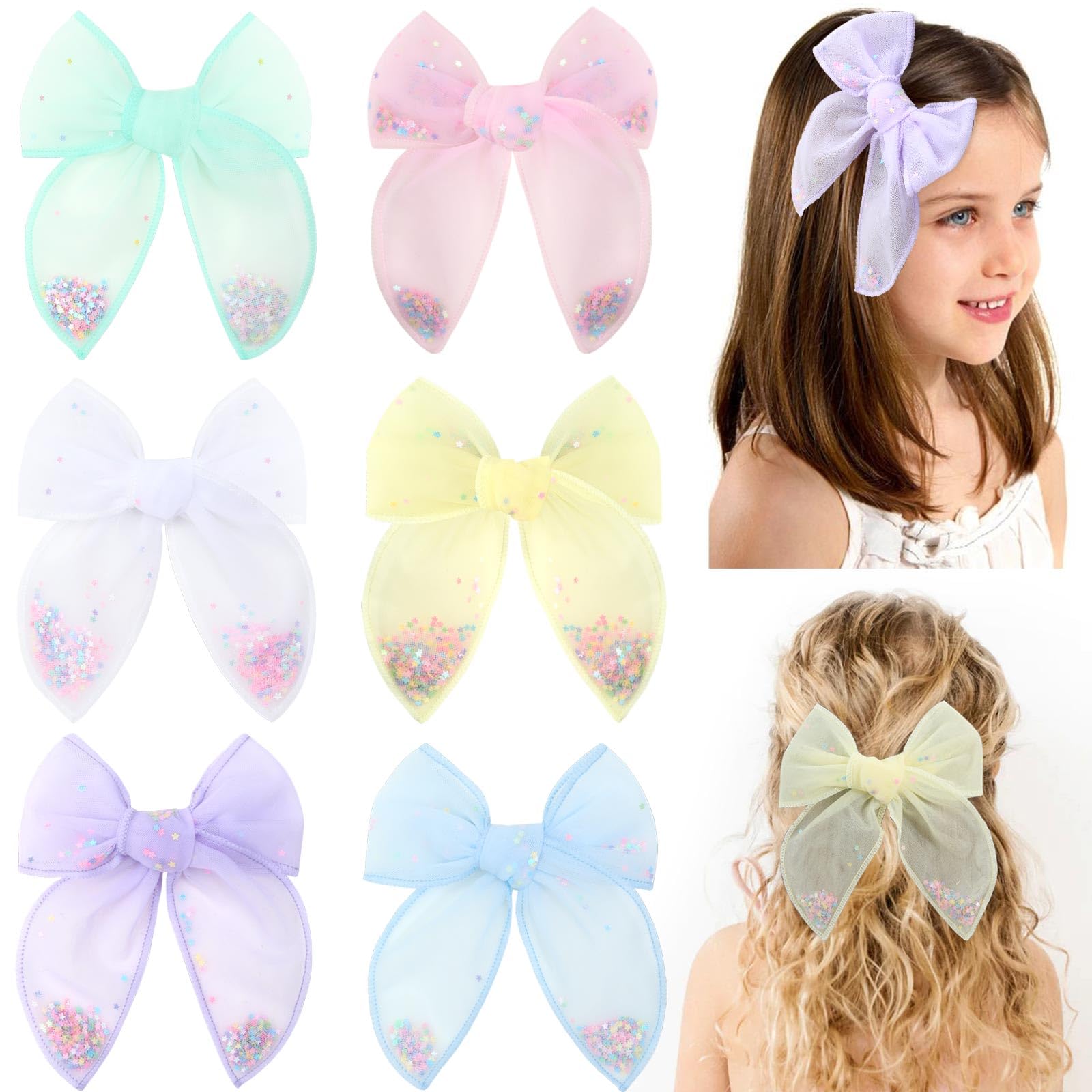 Photo 1 of 6 PCS Tulle Hair Bows for Girls, CN Toddler Bows with Glitter Star Alligator, Colorful Hair Barrettes Wedding Hair Grips Accessories for Baby Girls Infants Toddler Teens Party (Type A)