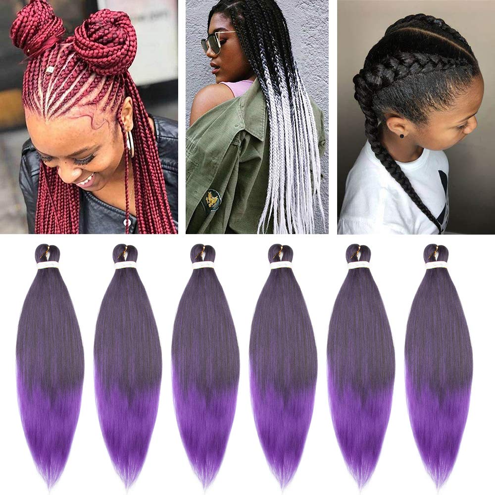 26 inches Easy Braids Pre-stretched Yaki Braiding Hair 6 Pieces -Black&Purple Crochet Hair Extension Synthetic Hair Hot Water Setting