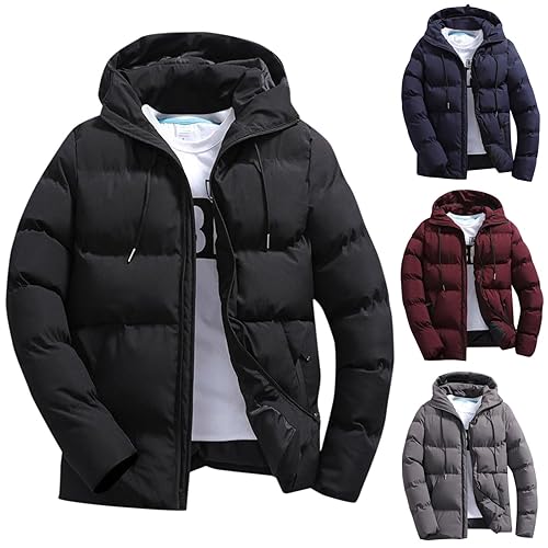 men jackets winter, mens coats, Winter Jackets for Men UK, Lightweight Puffer Jacket Mens Coat Hoody Zip up Cotton Padded Packable Down Quilted Coats Puffy Tops Warm Cozy Windproof (Black, XXXXXXL)