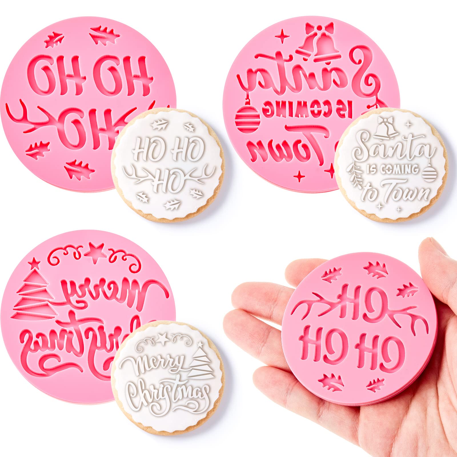 3 Pcs Merry Christmas Cookie Stamp Pink Fondant Embosser Acrylic Icing Fondant Stamp Santa Shortbread Mould Christmas Cake Decorations Baking Tools Accessories for Xmas Cupcake Pastry Biscuit