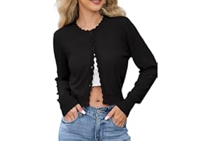 Lyrur Women's Scalloped Crewneck Cropped Cardigan Sweaters Long Sleeve Button Down Knit Bolero Shrug