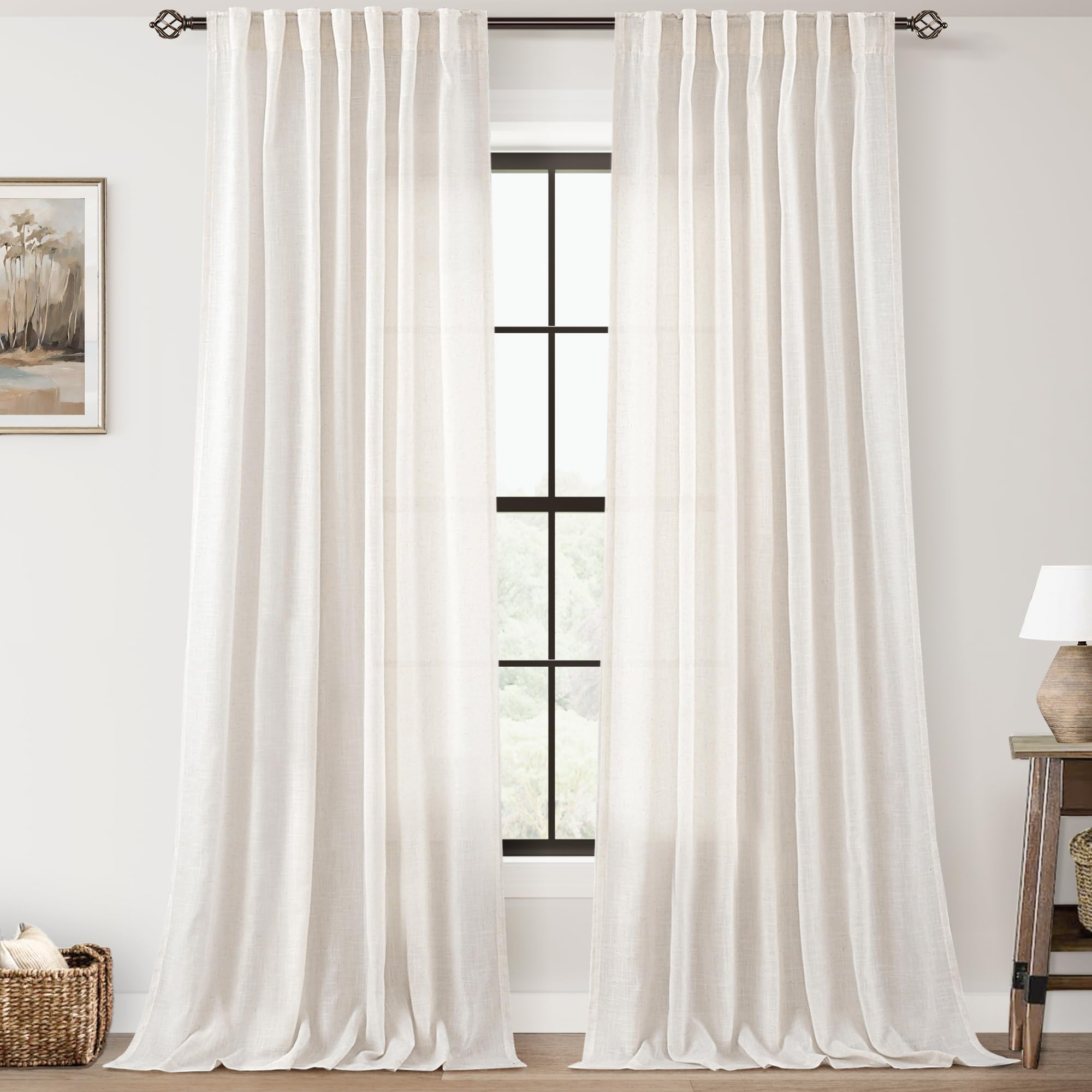 Photo 1 of Natural Linen Curtain 92 inch Length 2 Panels Set Back Tab Light Filtering Living Room Curtain Drapes Home Office Modern Minimalist Decor Farmhouse Boho Neutral Cream Semi Sheer Curtain 92 inch Long