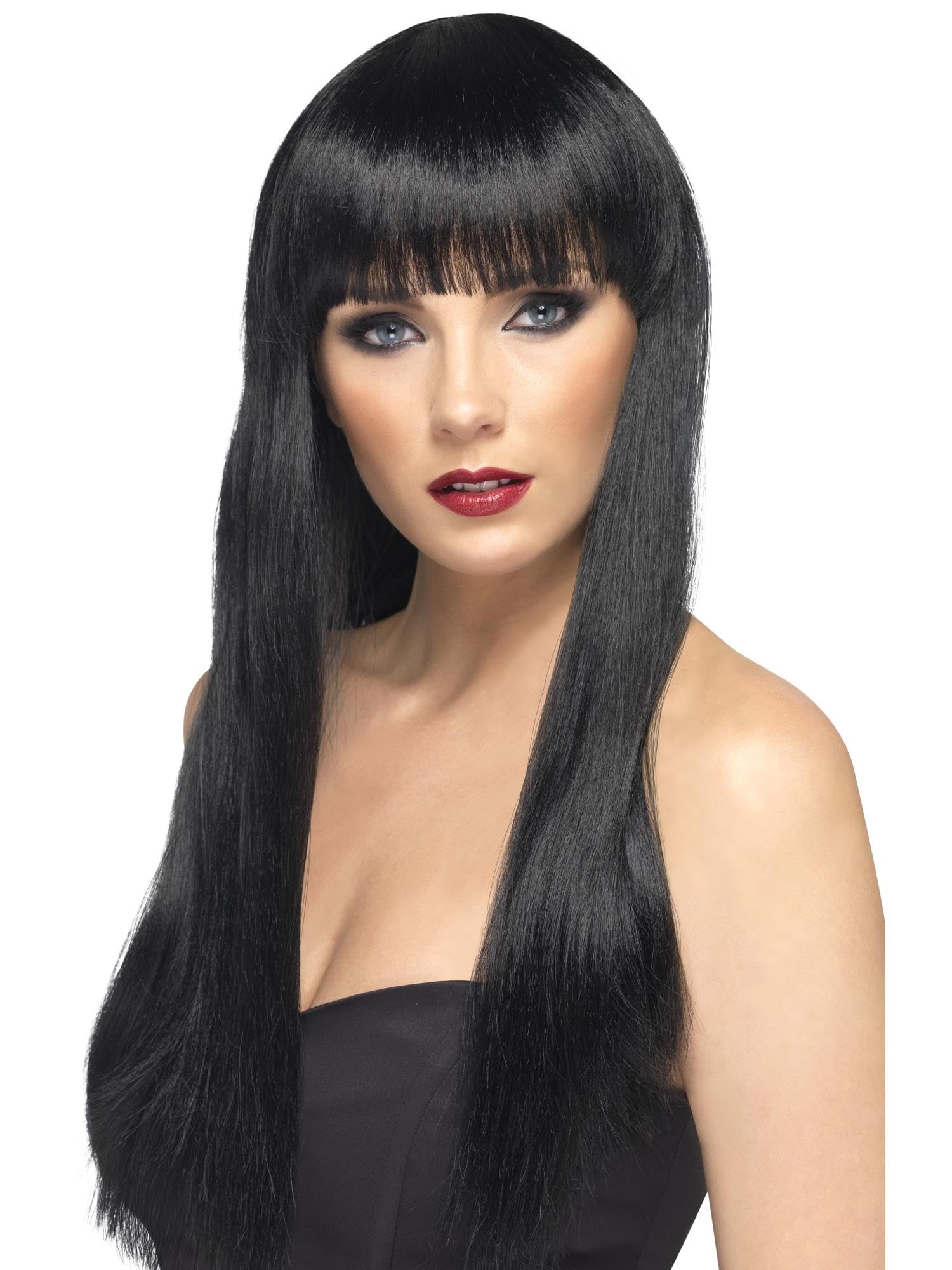 Smiffys Beauty Wig, Black Long, Straight with Fringe, Ladies Glamour Wigs Fancy Dress, Adult Dress Up Wigs