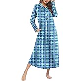 Ekouaer Nightgowns for Women Long Sleeve Sleepshirt Button Nightshirt Plaid Full Length Sleepwear with Pockets S-XXXL