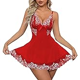 Crexomi Women Sexy Lingerie Babydoll Mini Dress Floral Lace Sheer Chemise Sleepwear Mesh Lingerie Set with G-String