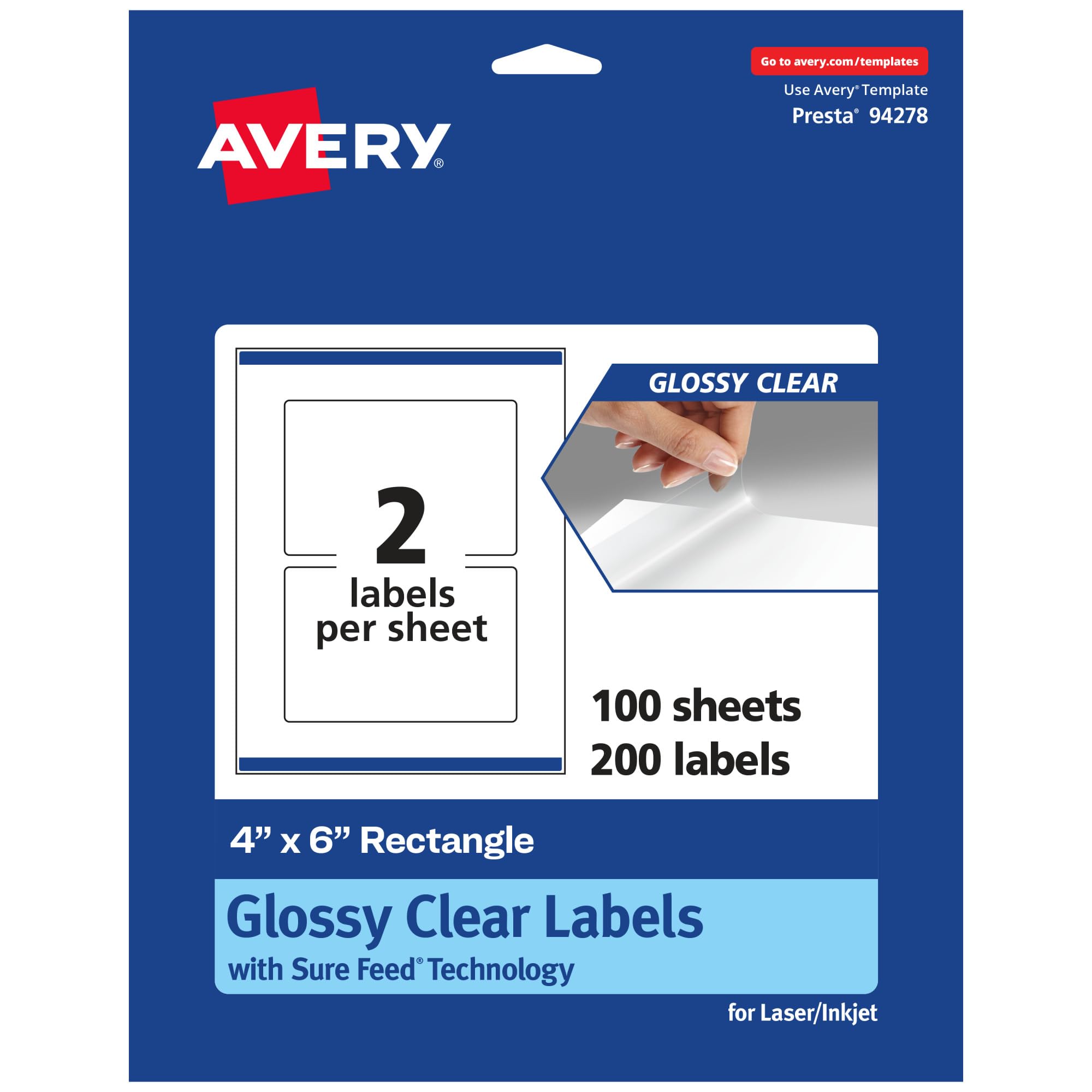 Avery Glossy Clear Rectangle Labels, Sure Feed Technology, 4″ x 6″, 200 Glossy Clear Labels, Print-to-The-Edge, Laser/Inkjet Printable