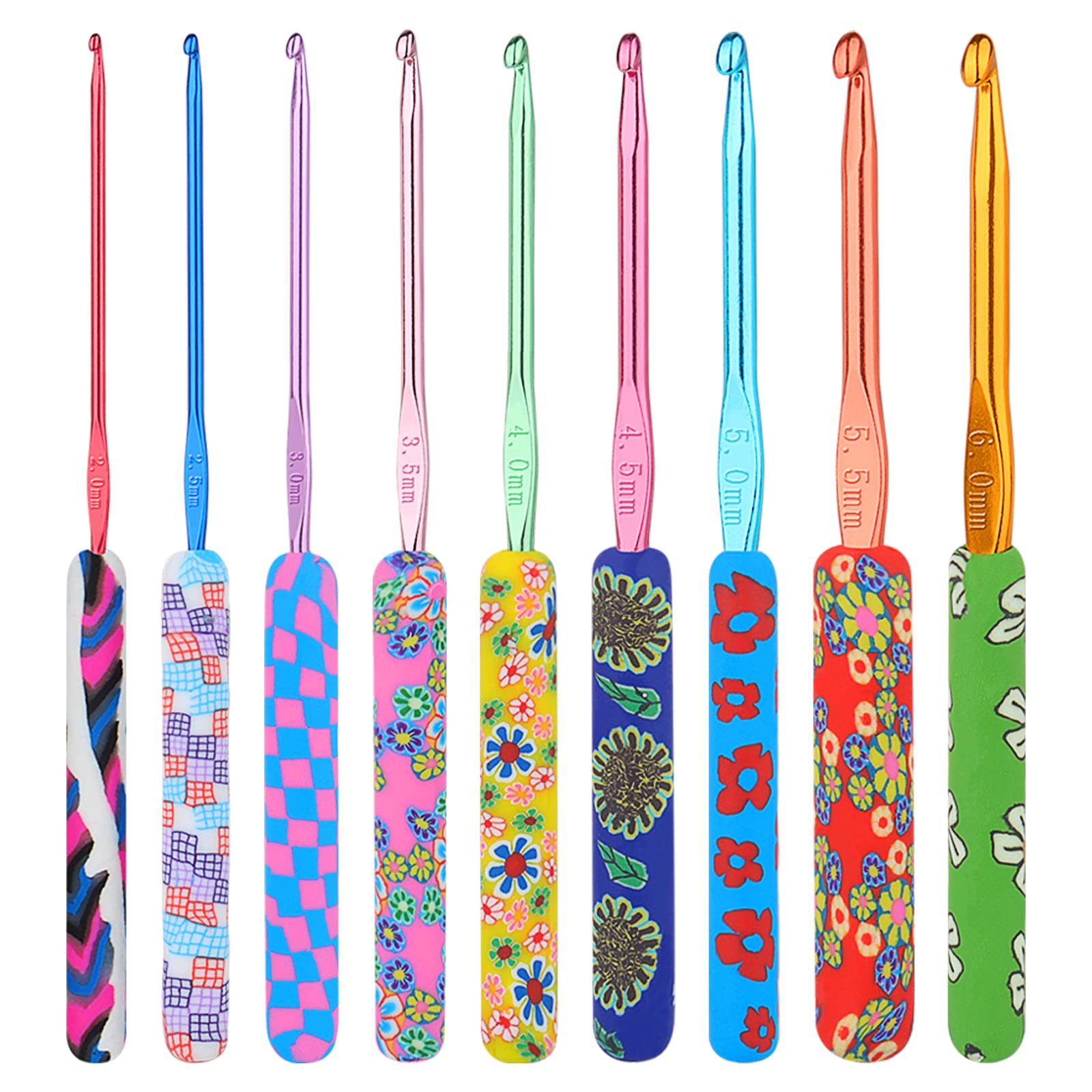 Aeelike Crochet Hook Set - Premium Soft Grip Floral Crochet Hooks with Ergonomic Polymer Clay Handle 9 Sizes (2mm 2.5mm 3mm 3.5mm 4mm 4.5mm 5mm 5.5mm 6mm), Metal Aluminum Crochet Needles for Beginners