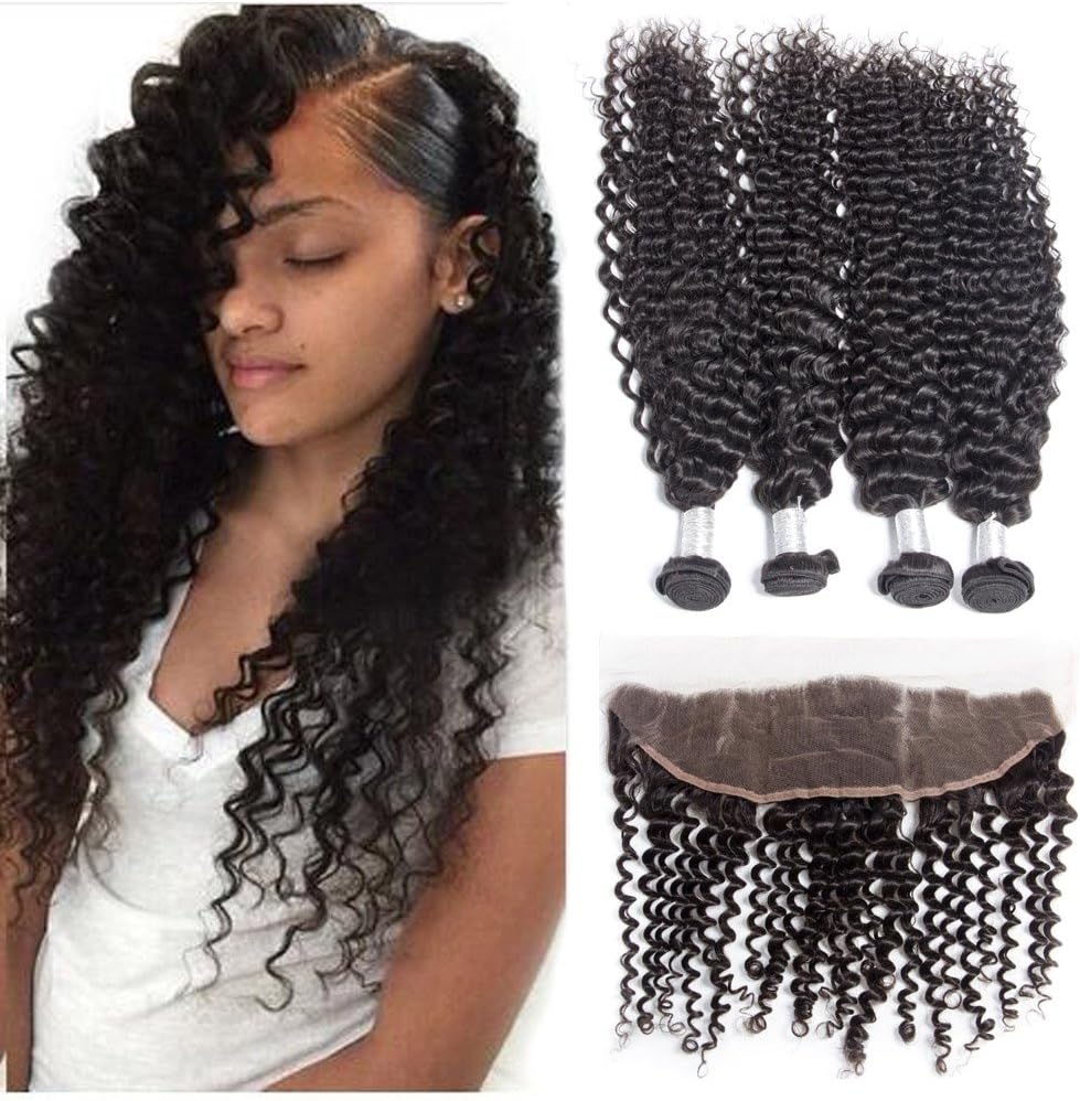 7A Virgin Hair Deep Curly Wave 3 Bundles With Lace Frontal Closure 13x4 Ear To Ear Frontal With Baby Hair Brazilian Human Hair Extensions(22 24 24with 18)