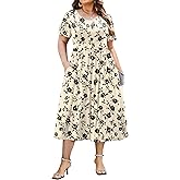 IN'VOLAND Women Plus Size Short Sleeve Dress Loose Summer Casual A-Line Flowy Midi Dresses with Pockets