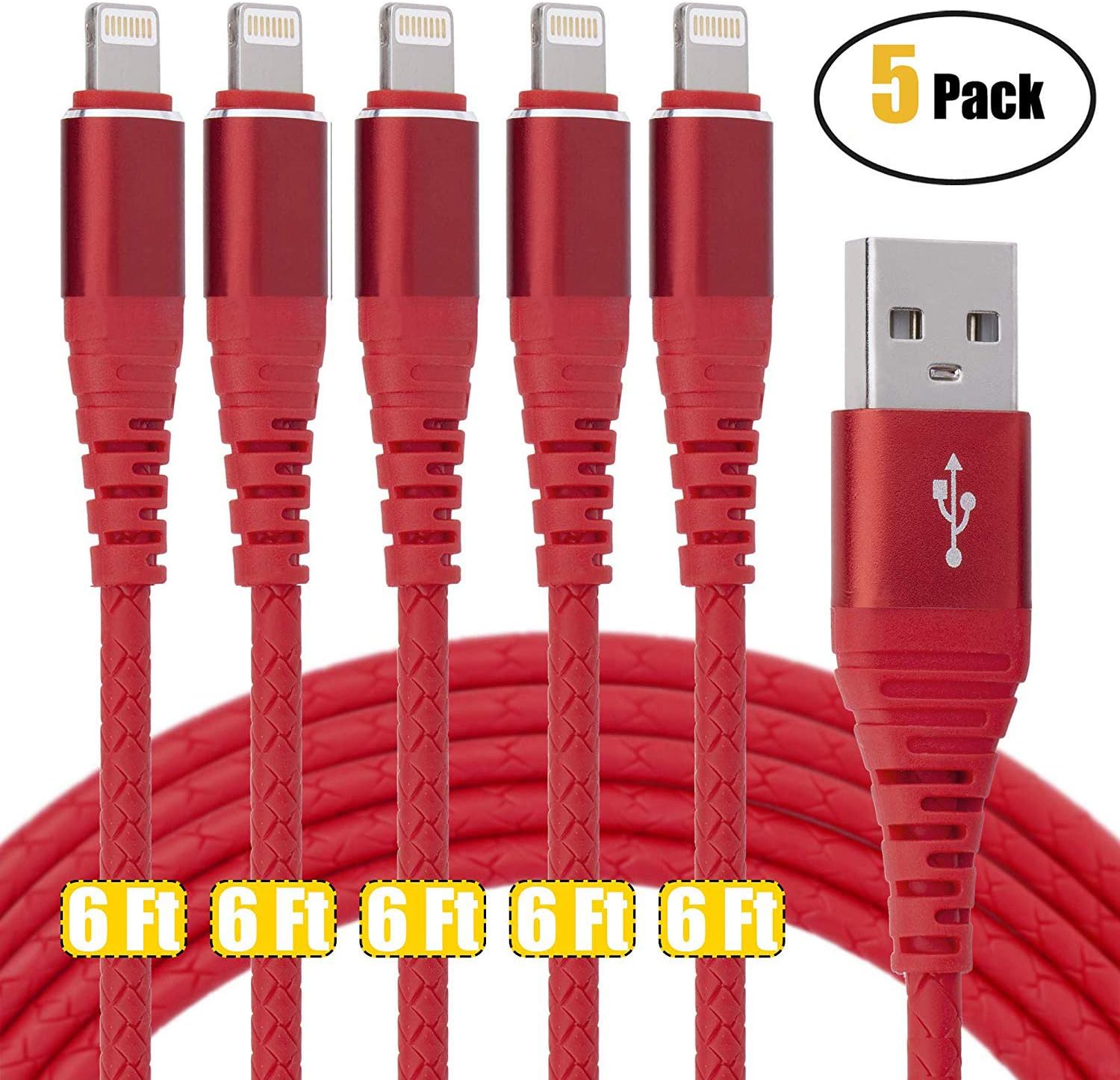 long iphone charger 2m 5pack,3m iphone 6 charger cable iPhone Charging Cable Cord Compatible with iPhone X/8/8 Plus/7/7 Plus/6/6s Plus/5s/5(Red)