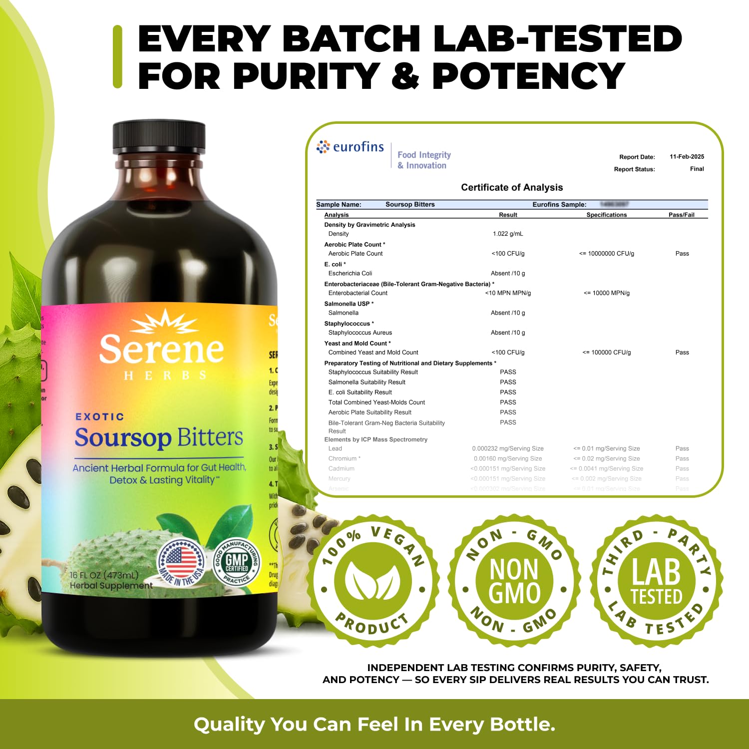 Serene Herbs - Soursop Bitters Liquid - Organic Herbal Guanabana Detox with Black Seed, Moringa & Ginger - Supports Digestive Wellness & Immune Function - 16 fl oz​