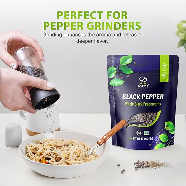 SOEOS BLACK PEPPERCORNS, 12OZ (PACK OF 1), WHOLE BLACK PEPPER, NON-GMO, KOSHER, FRESHLY PEPPERCORN BULK, PACKED TO KEEP PEPPERS FRESH, READY TO USE PEPPERCORNS FOR GRINDER REFILL