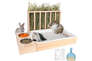 BESNEW 3 in 1 Rabbit Hay Feeder with Litter Box,Upgraded Wooden Hay Feeder Set for Guinea Pig Chinchilla Bunny Other Small Animals,Quick Cleaning & Large Capacity & Preventing Waste
