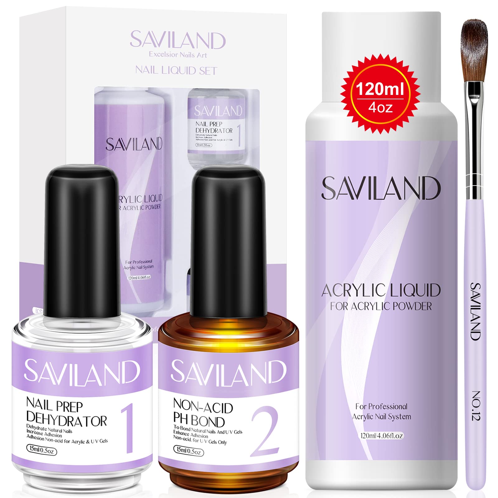 Saviland Acrylic Monomer Liquid Kit - Monomer Kit with 120ml Liquid, Nail Dehydrator, Acrylic Brush for Powder, Gel, and Extension