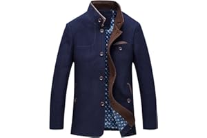 chouyatou Men's Gentle Band Collar Single Breasted Wool Blend Pea Coat
