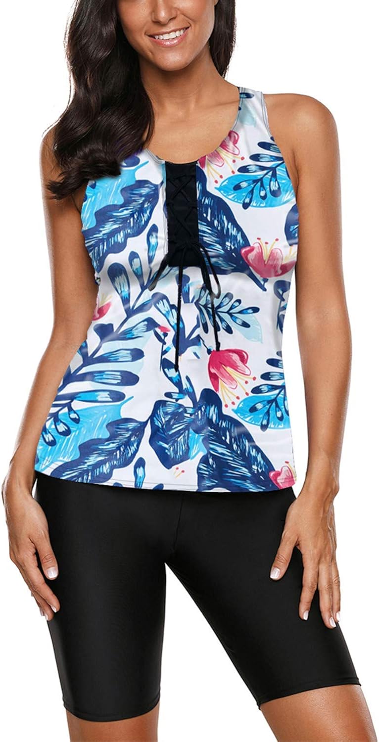 Aleumdr Womens Racerback Color Block Print Tankini Swimsuits with Swim Capris S-XXXL: Clothing