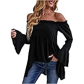 WDIRARA Women's Off The Shoulder Long Flounce Sleeve Blouse Ruffle High Low Peplum Top