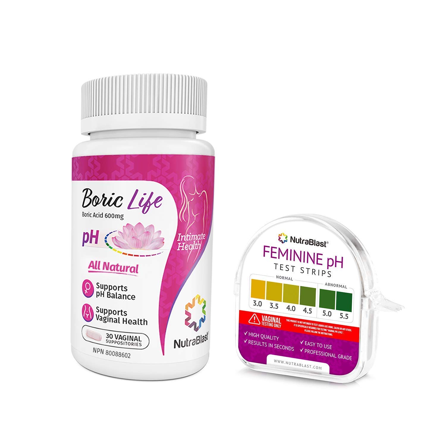 NutraBlast Boric Acid Vaginal Suppositories 600mg (30 Count) w/Feminine