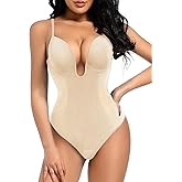Decorus Women's Low Back Shapewear Tummy Control Deep V Neck Backless Body Shaper Plunge Thong Bridal Bodysuit Built in Bra
