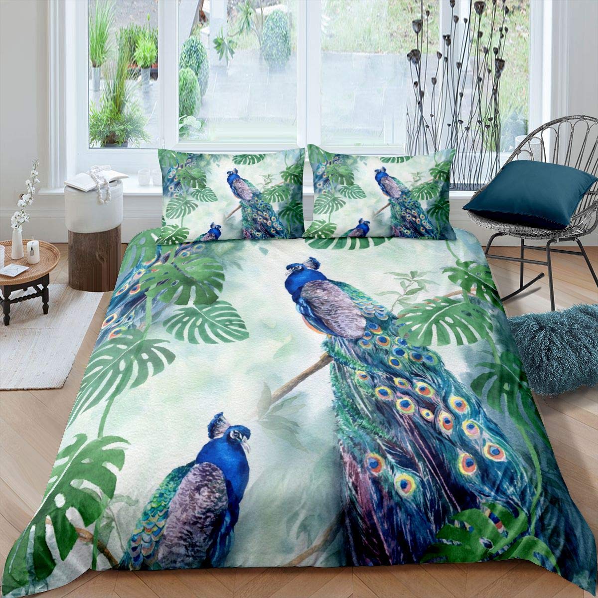 Loussiesd Peacock Bedding Set Colorful Peacock Feather Watercolor Duvet Cover for Kids Girls Teens Tropical Leaves Comforter Cover Animal Branches Design Quilt Cover Bedroom Collection 3Pcs King Size