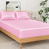 NSGZ 3 Pcs Satin Fitted Sheet Set Queen Pink 15 Inch Deep Pocket | Elastic Corner Straps For Snug Fit, Gentle on Hair And Skin, All-Season Comfort, Fade-Resistant Finish, Machine Washable