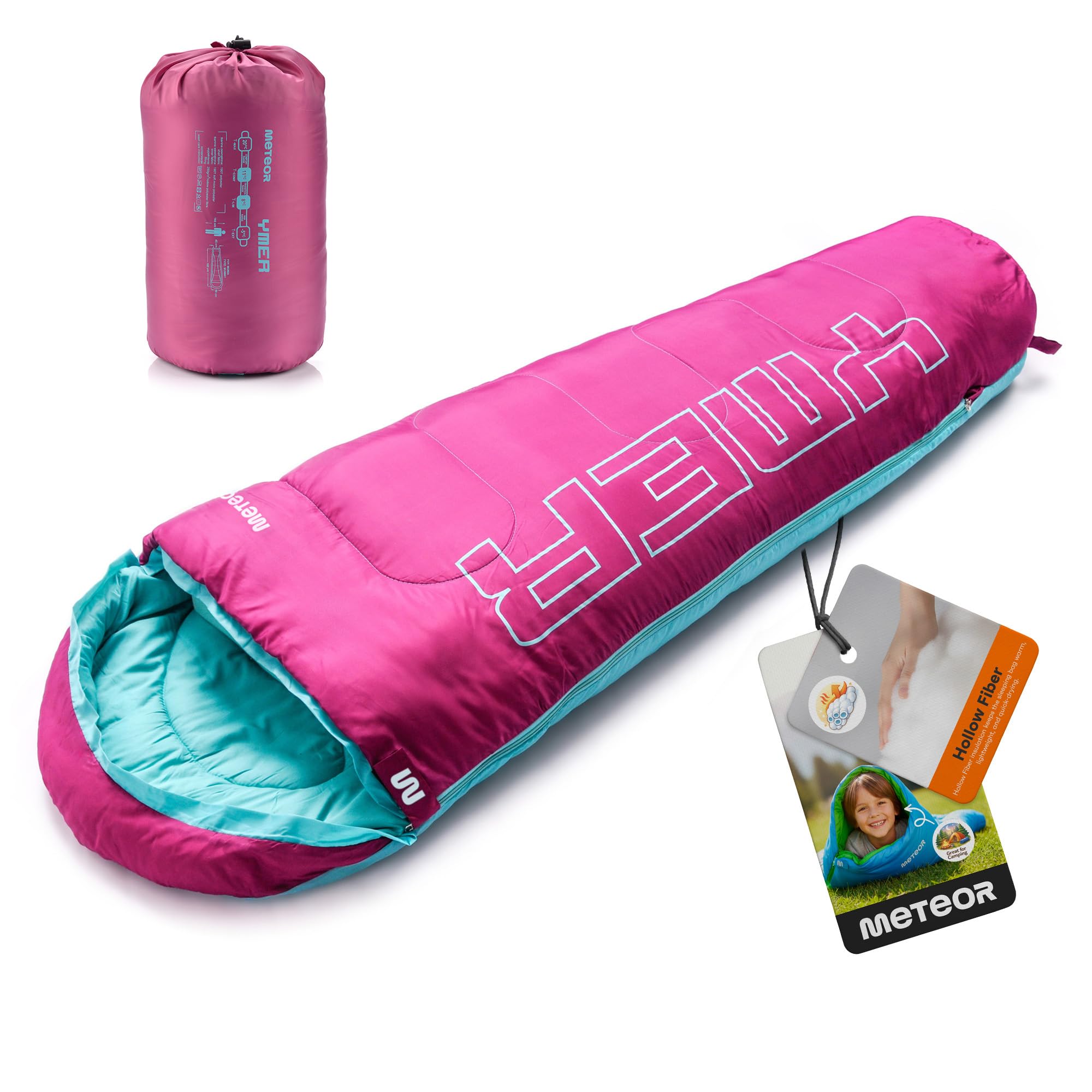 Meteor Sleeping bag - lightweight insulated design with hollow fibre filling - comfortable and compact for camping trips and outdoor adventures - for Kids 155 cm Tall - Pink/Light Green