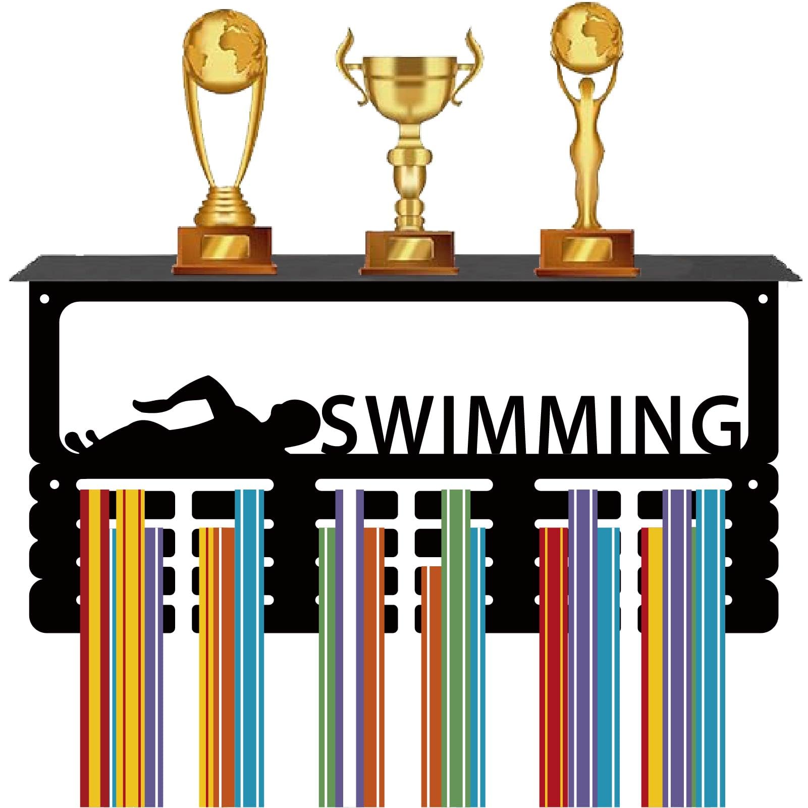 CREATCABIN Swimming Medal Holder Trophy Shelf Medal Hanger Display with Shelf Stand Sports 4 Rows Wall Mount Hold 70+ Medals for Women Gymnastics Running Swimming Awards Rack 15.7 x 7.9 Inch
