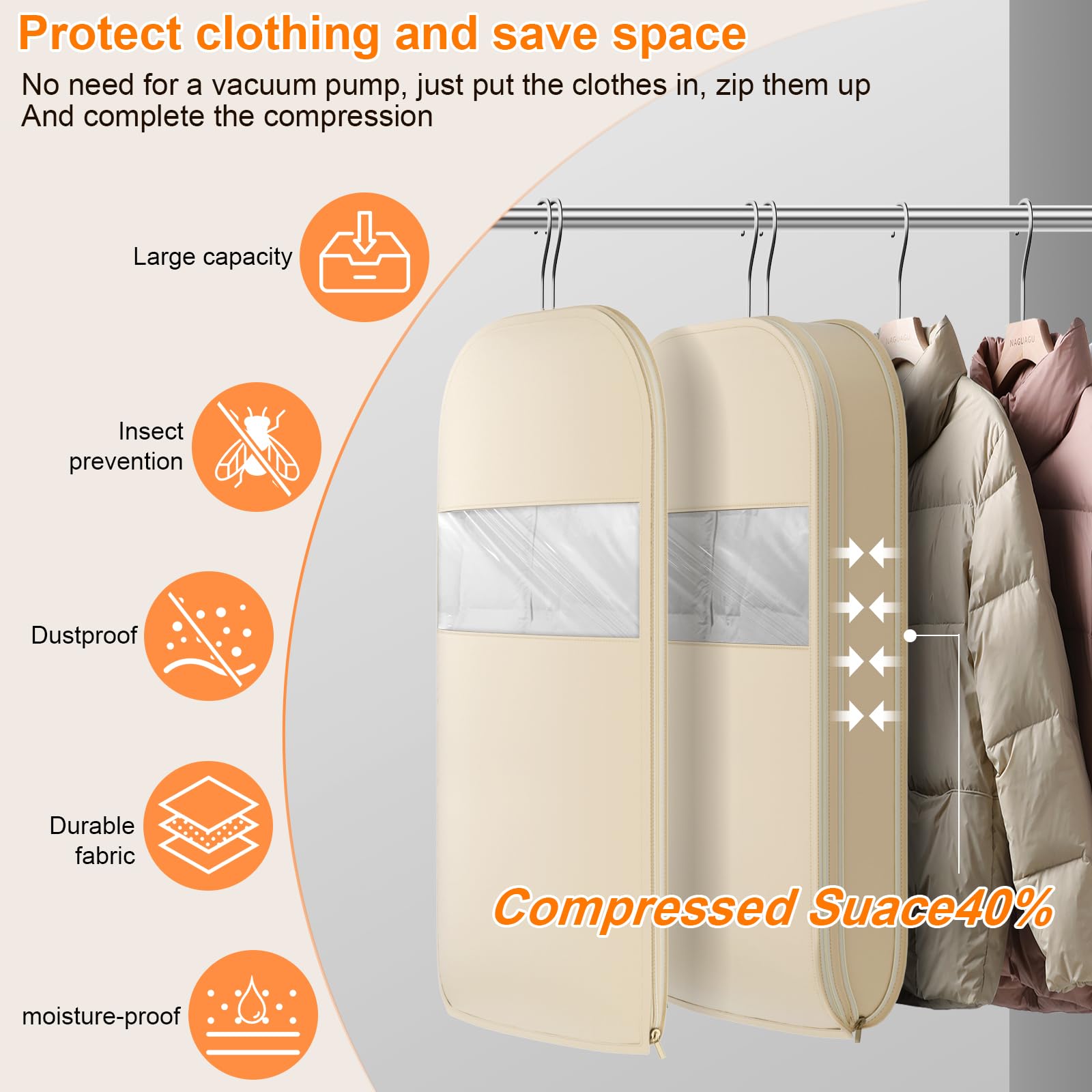 Space Saving Hanging Garment Bag with Self Compression Zipper, Thick Dustproof Garment Bags for Hanging Clothes, Space Saving Garment Bags with Compression Zip Technology (Beige, 44 * 23 * 6IN)