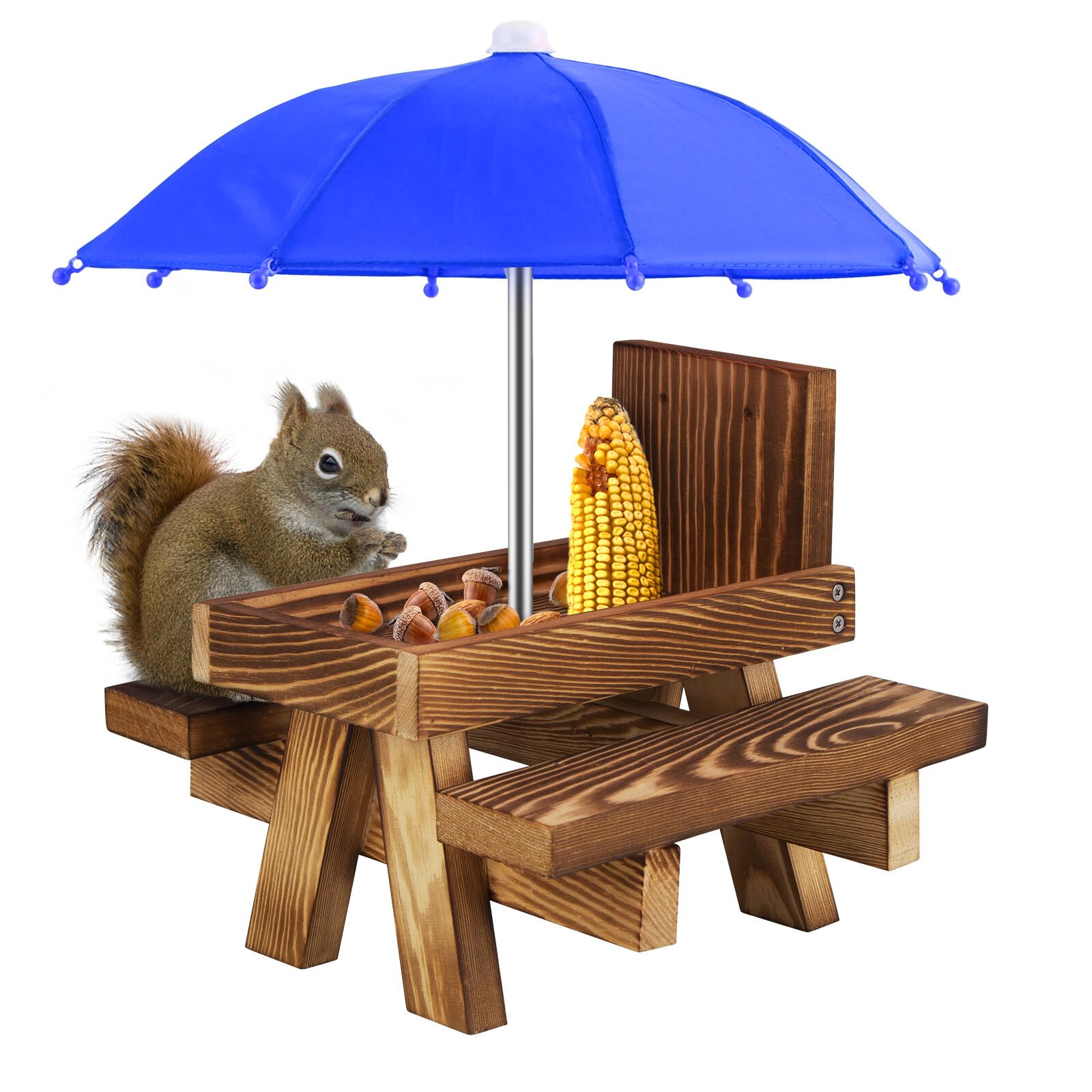 Zjyufy Squirrel Feeder, Wooden Squirrel Picnic Table with Umbrella and Corn Rack, Ideal for Squirrels, Birds, Chipmunks, Garden, Yard