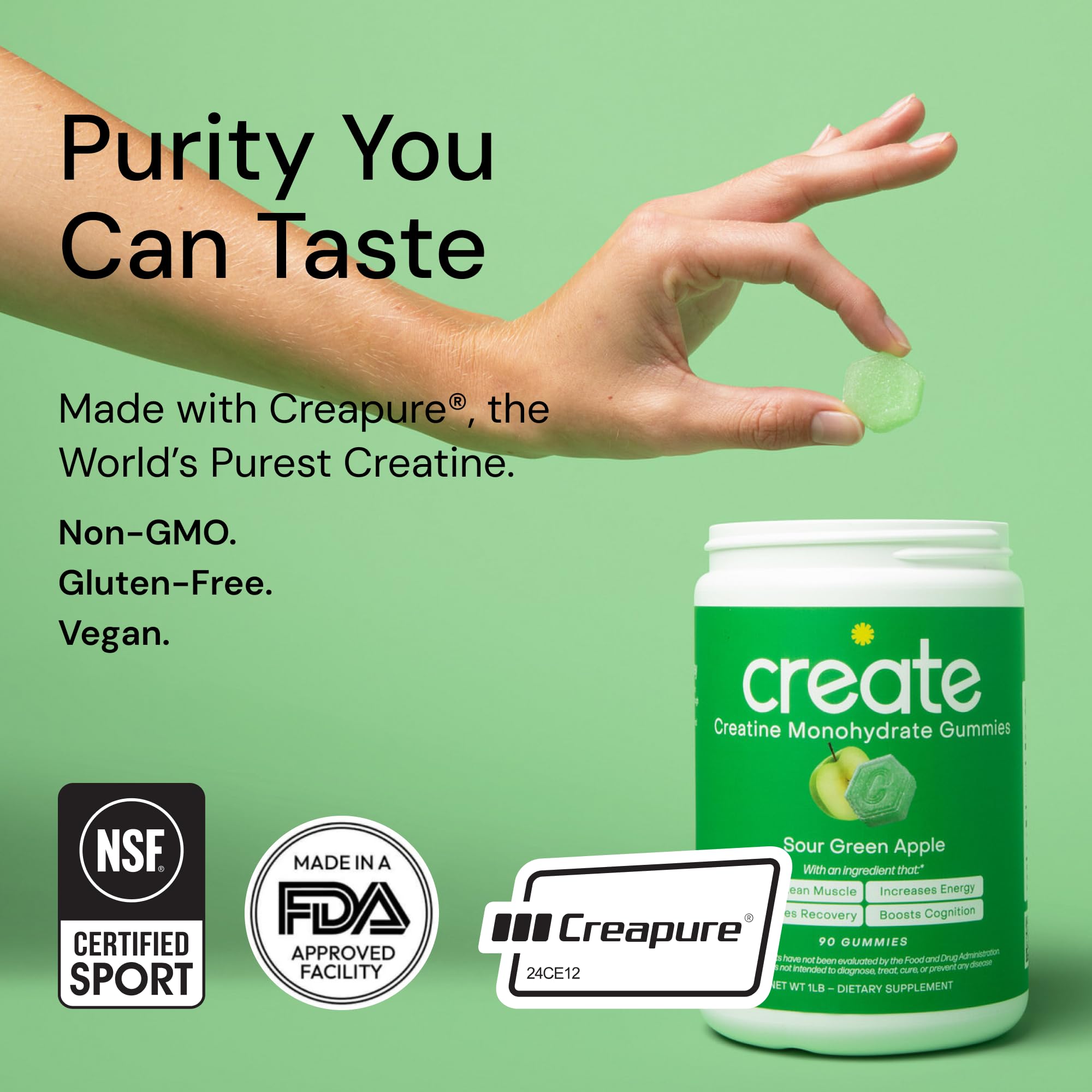 Creatine Monohydrate Gummies for Men & Women - Boost Focus, Strength, and Endurance, Anti-Melting Formula, Vegan, Gluten-Free, Non-GMO, 1.5 Gram Creatine per Gummy (Sour Green Apple, 90 ct)