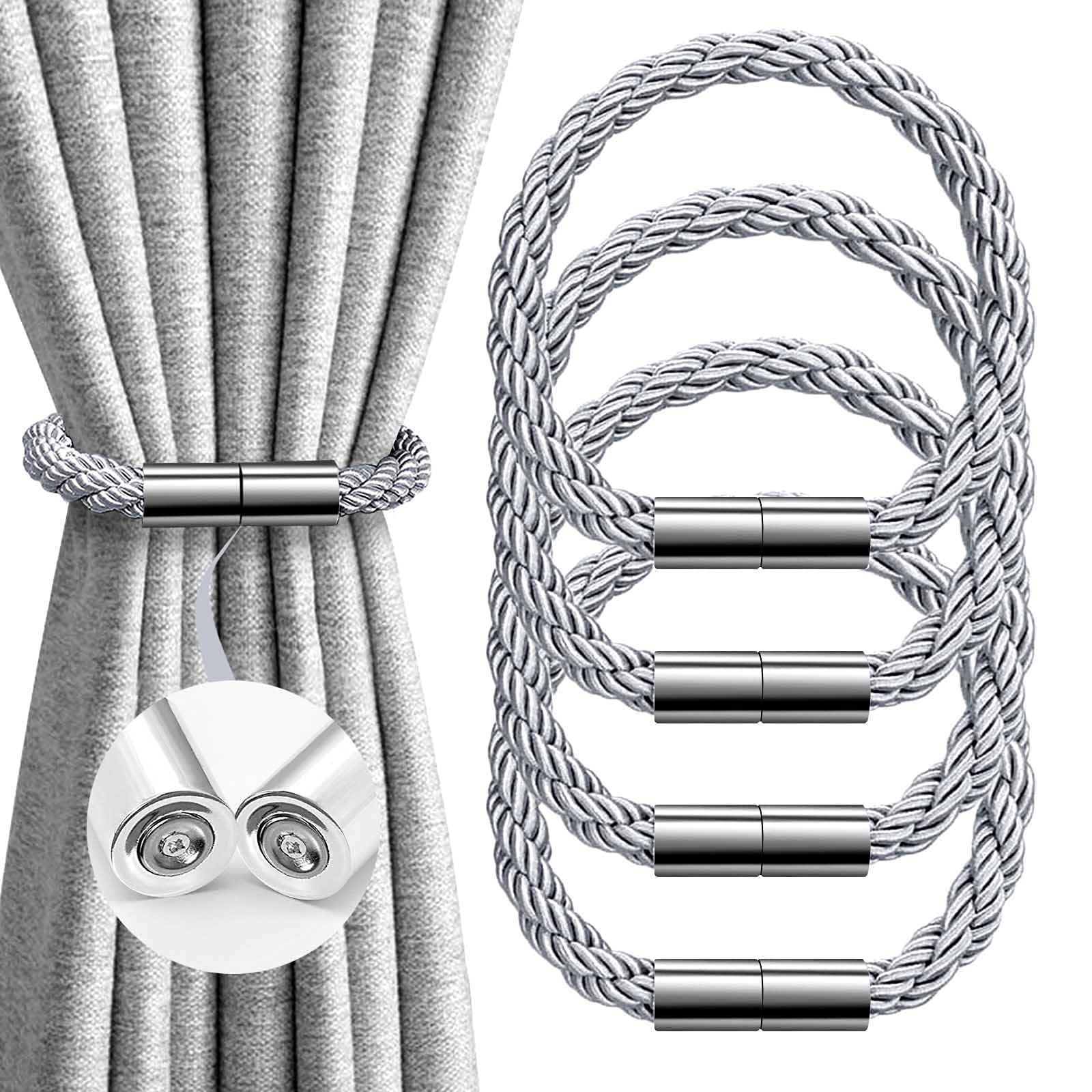 IAGORYUE 4 Pack Curtain Tie Backs Super Strong Magnetic Curtains Tiebacks Modern Simple Style Pretty Weave Rope Drape Holdback for Thin/Thick Home Office Hotel Window Drapery - Plating Chrome Silver