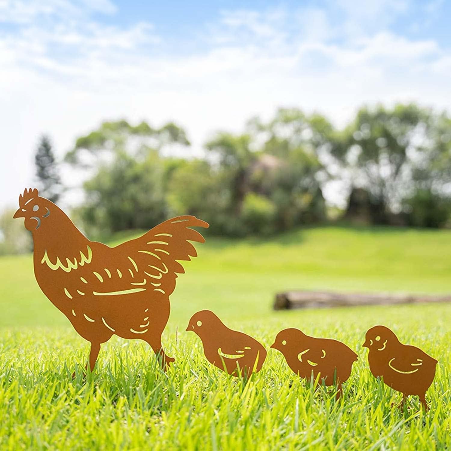 Decorative Garden Stakes - Chicken Yard Art Metal Decorative Garden Stakes - Hen and Chicks Silhouette Statues Idea Chicken Gifts for Garden Decor, Patio, Outdoor - Set of 4 Animal Lawn Decorations