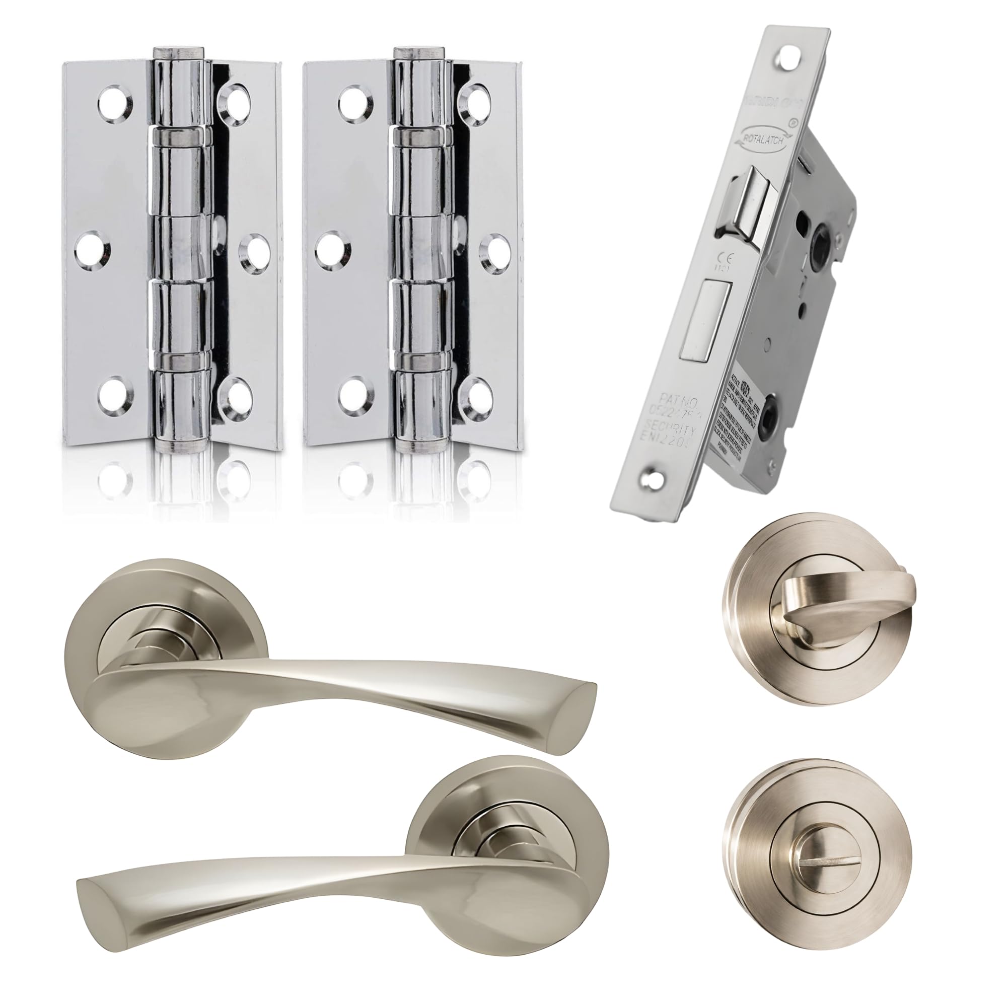 UAP Internal Door Handle Set with Lock – Complete Door Pack with Hinges, Thumb Turn & Fixings – Privacy Turn & Release (Zeta, Polished Chrome)
