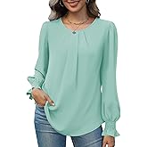 Funlingo Womens Tops Dressy Casual Smocked Long Sleeve Shirts Crew Neck Loose Chiffon Tunics Office Work Blouses