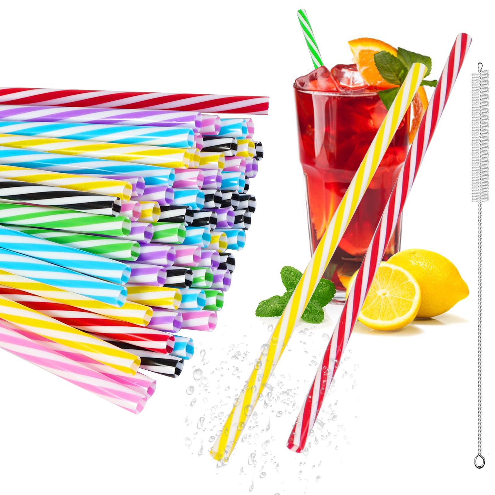50pcs Reusable Plastic Straws,Drinking Straws with Cleaning Brush,Dishwasher Safe,Straws Drinking Plastic for Family Bars Cafes Restaurants BBQ Parties Celebrations